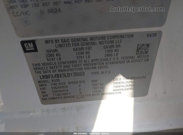 LRBFX4SX3LD170663 2020 BUICK ENVISION White Vista del compartimento del motor