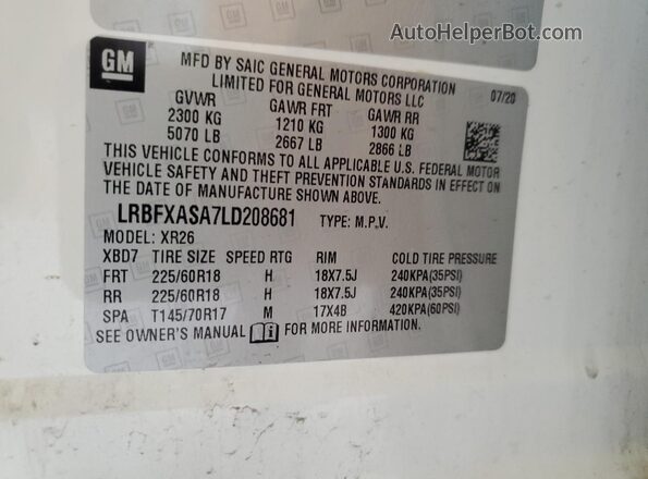 LRBFXASA7LD208681 2020 BUICK ENVISION White Vista de la etiqueta del VIN