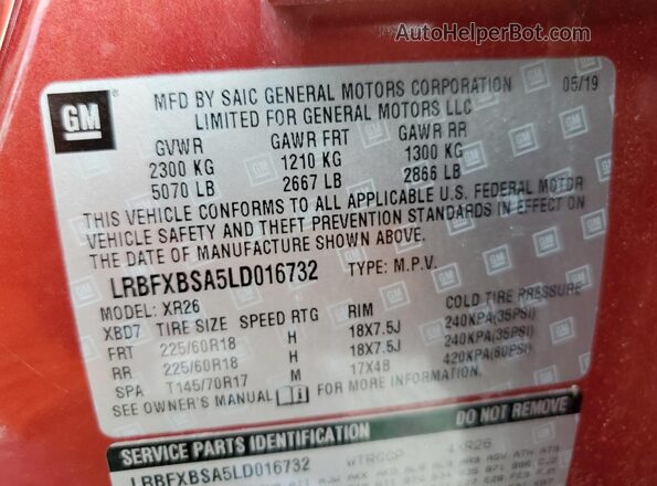 LRBFXBSA5LD016732 2020 BUICK ENVISION Red VIN sticker view