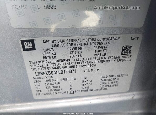 LRBFXBSA5LD129371 2020 BUICK ENVISION Gray Vista del compartimento del motor