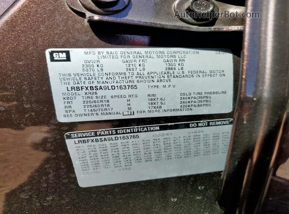 LRBFXBSA9LD163765 2020 BUICK ENVISION Burgundy Vista de la etiqueta del VIN
