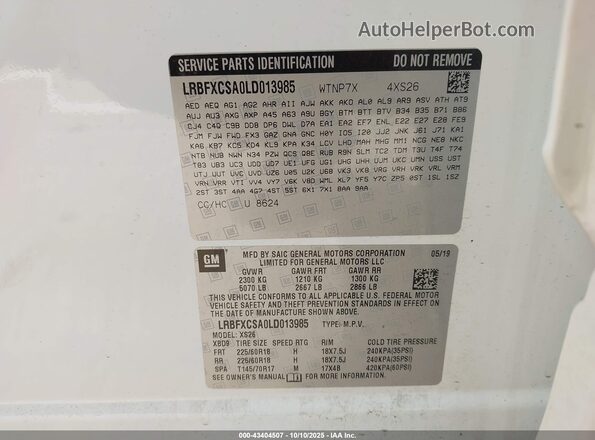 LRBFXCSA0LD013985 2020 BUICK ENVISION White Շարժիչի բաժամունքի տեսք