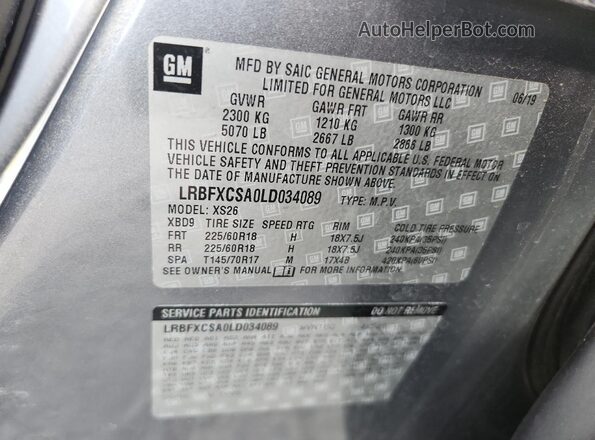 LRBFXCSA0LD034089 2020 BUICK ENVISION Gray Vista de la etiqueta del VIN