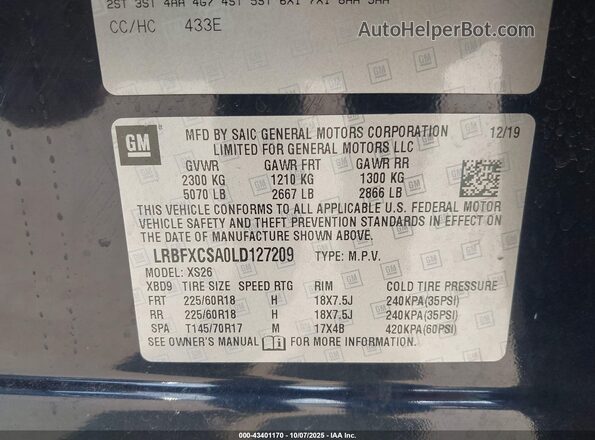 LRBFXCSA0LD127209 2020 BUICK ENVISION Blue Vista del compartimento del motor