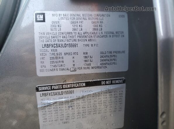 LRBFXCSA3LD155991 2020 BUICK ENVISION Gray Вид наклейки з VIN-кодом