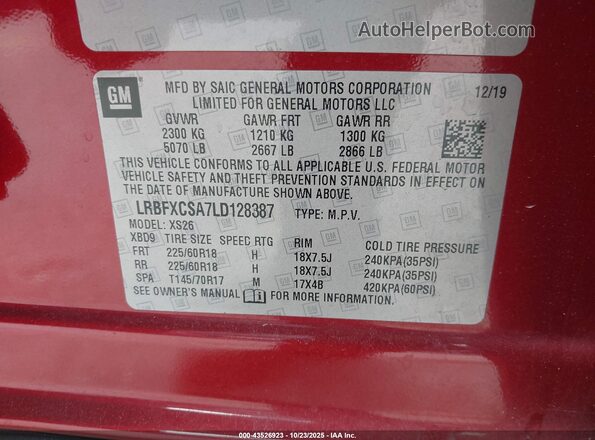 LRBFXCSA7LD128387 2020 BUICK ENVISION Red Vista del compartimento del motor