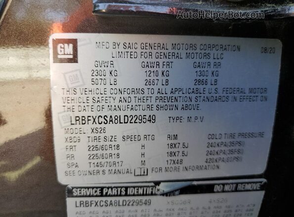 LRBFXCSA8LD229549 2020 BUICK ENVISION Brown VIN კოდის სტიკერის ხედი