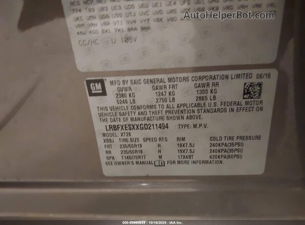 LRBFXESXXGD211494 2016 BUICK ENVISION Brown Вид підкапотного простору