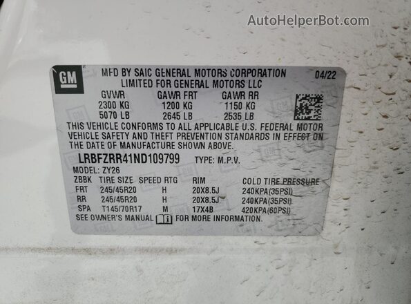 LRBFZRR41ND109799 2022 BUICK ENVISION White Вид наклейки з VIN-кодом