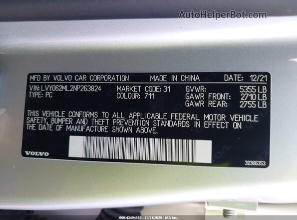 LVY062ML2NP263824 2022 VOLVO S90 Silver Engine compartment view