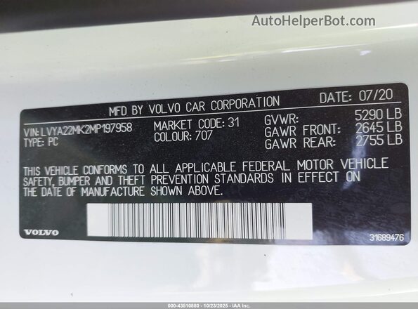 LVYA22MK2MP197958 2021 VOLVO S90 White Vista del compartimento del motor
