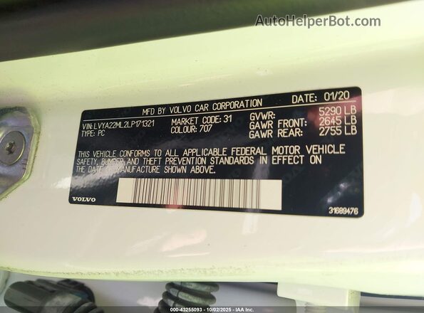 LVYA22ML2LP171321 2020 VOLVO S90 White ძრავის განყოფილების ხედი