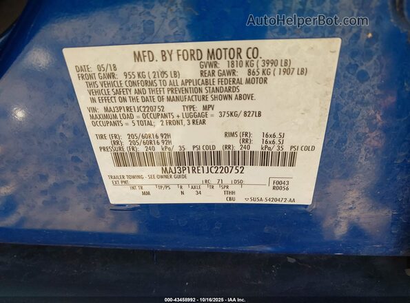 MAJ3P1RE1JC220752 2018 FORD ECOSPORT Blue 