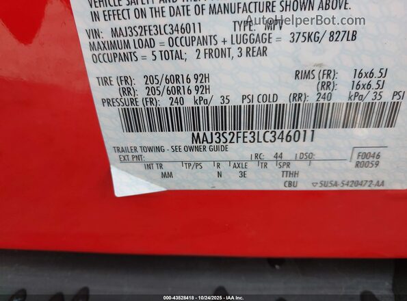 MAJ3S2FE3LC346011 2020 FORD ECOSPORT Красный Вид подкапотного пространства
