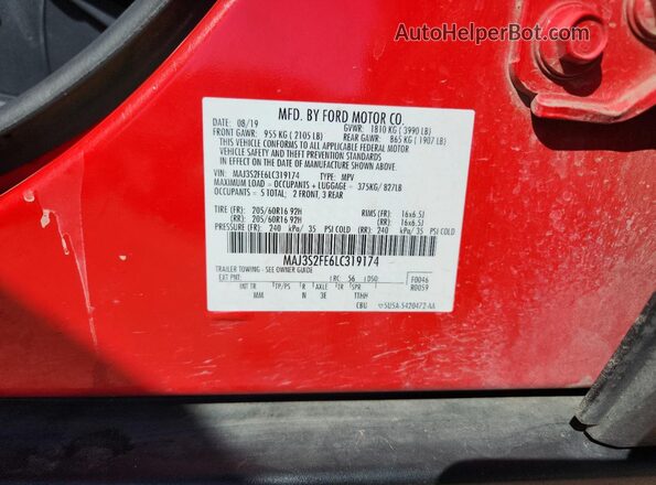MAJ3S2FE6LC319174 2020 FORD ECOSPORT Красный Вид наклейки с VIN-кодом