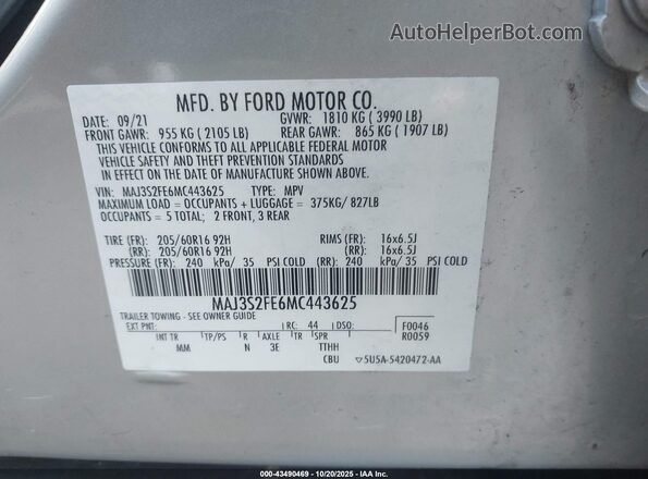 MAJ3S2FE6MC443625 2021 FORD ECOSPORT Silver Շարժիչի բաժամունքի տեսք