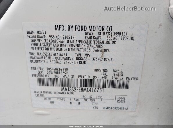 MAJ3S2FE8MC416751 2021 FORD ECOSPORT White Engine compartment view