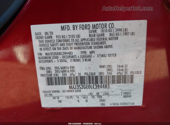 MAJ3S2GE0LC394483 2020 FORD ECOSPORT Maroon Вид підкапотного простору