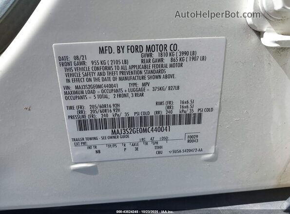MAJ3S2GE0MC440041 2021 FORD ECOSPORT Белый Вид подкапотного пространства