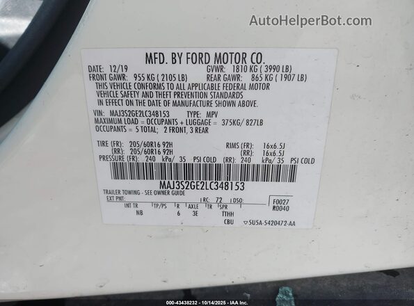 MAJ3S2GE2LC348153 2020 FORD ECOSPORT White Շարժիչի բաժամունքի տեսք