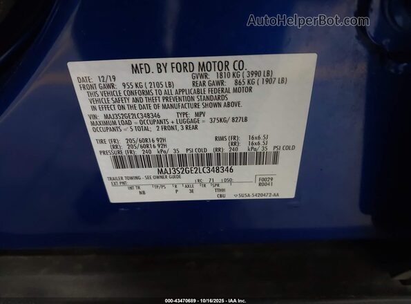 MAJ3S2GE2LC348346 2020 FORD ECOSPORT Blue Widok komory silnika