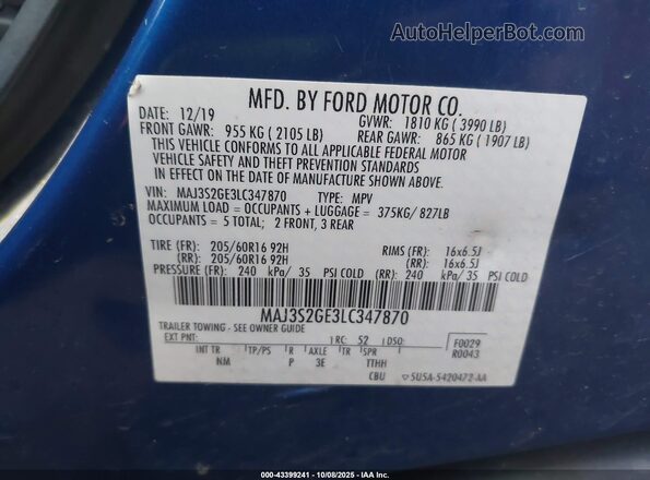MAJ3S2GE3LC347870 2020 FORD ECOSPORT Blue Շարժիչի բաժամունքի տեսք