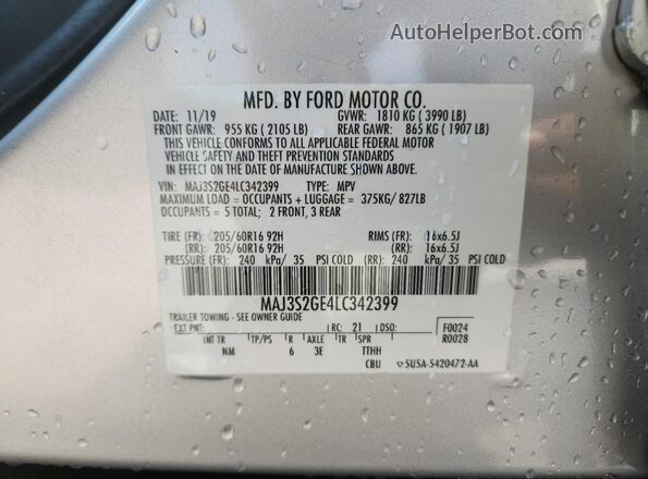 MAJ3S2GE4LC342399 2020 FORD ECOSPORT Silver VIN კოდის სტიკერის ხედი