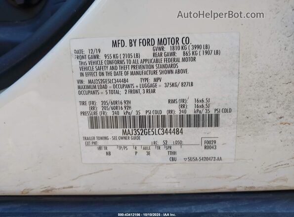 MAJ3S2GE5LC344484 2020 FORD ECOSPORT White Вид підкапотного простору