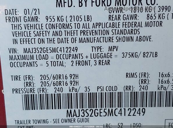 MAJ3S2GE5MC412249 2021 FORD ECOSPORT Red Engine compartment view