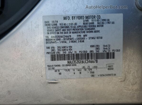 MAJ3S2GE6LC346678 2020 FORD ECOSPORT Silver Widok naklejki z numerem VIN