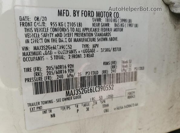 MAJ3S2GE6LC390552 2020 FORD ECOSPORT White Vista de la etiqueta del VIN