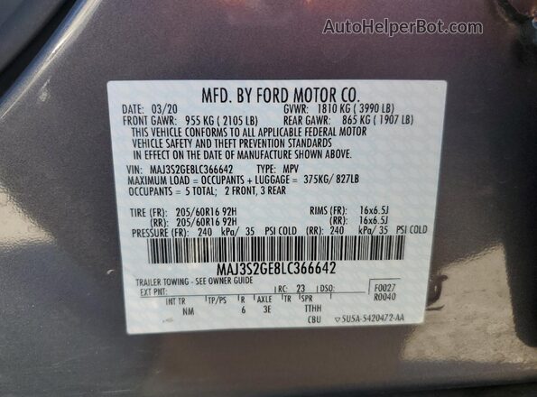 MAJ3S2GE8LC366642 2020 FORD ECOSPORT Charcoal სალონის 360-გრადუსიანი ხედი