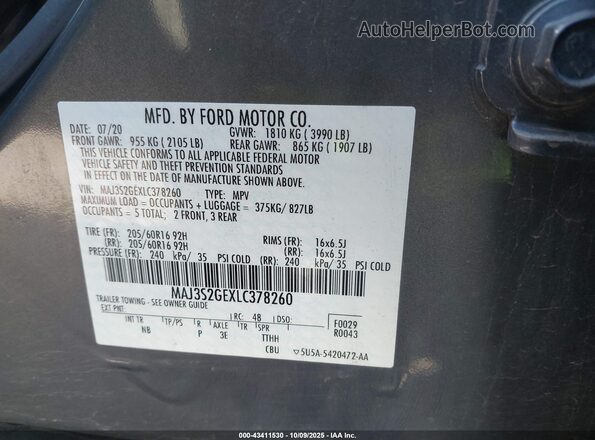 MAJ3S2GEXLC378260 2020 FORD ECOSPORT Gray Widok komory silnika