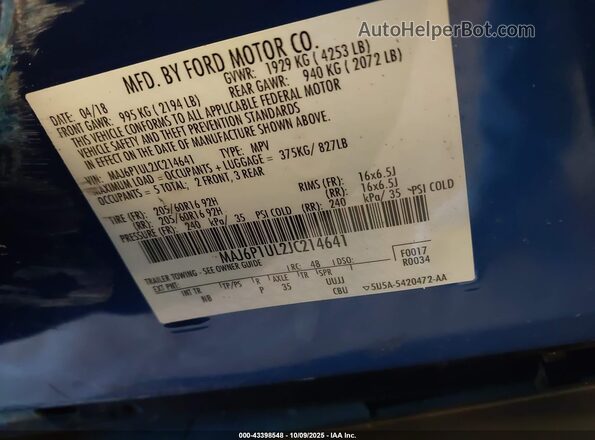 MAJ6P1UL2JC214641 2018 FORD ECOSPORT Blue 