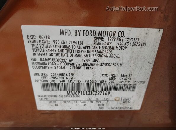 MAJ6P1UL3JC227169 2018 FORD ECOSPORT Orange 
