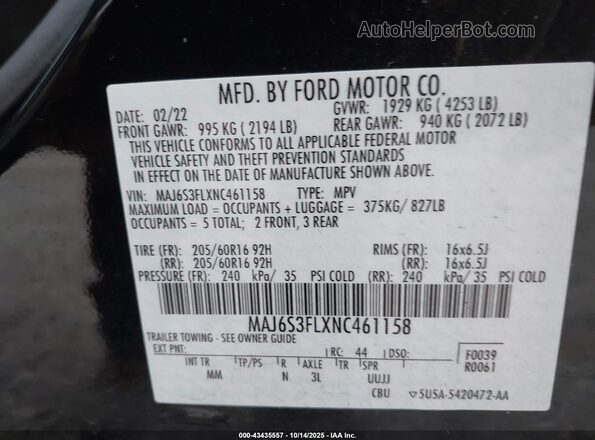 MAJ6S3FLXNC461158 2022 FORD ECOSPORT Black 