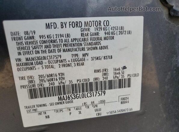 MAJ6S3GL0LC317579 2020 FORD ECOSPORT Gray Widok naklejki z numerem VIN