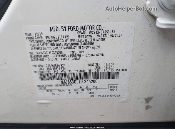 MAJ6S3GL1LC345200 2020 FORD ECOSPORT Белый Вид подкапотного пространства