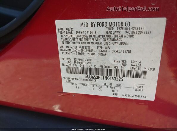 MAJ6S3GL1NC463525 2022 FORD ECOSPORT Red Շարժիչի բաժամունքի տեսք