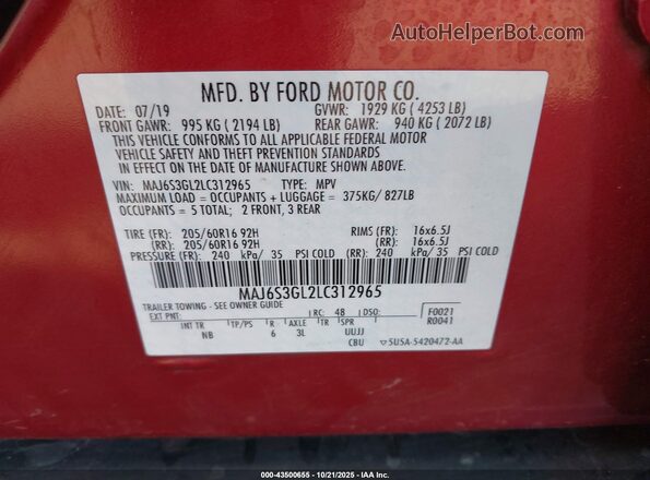 MAJ6S3GL2LC312965 2020 FORD ECOSPORT Red Widok komory silnika