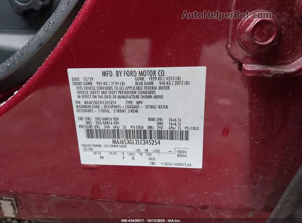 MAJ6S3GL2LC345254 2020 FORD ECOSPORT Red Engine compartment view