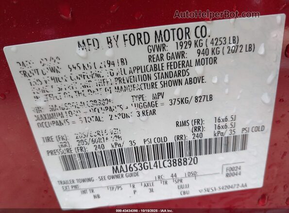 MAJ6S3GL4LC388820 2020 FORD ECOSPORT Красный Вид подкапотного пространства