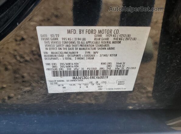 MAJ6S3GL4NC460019 2022 FORD ECOSPORT Black Вид наклейки з VIN-кодом