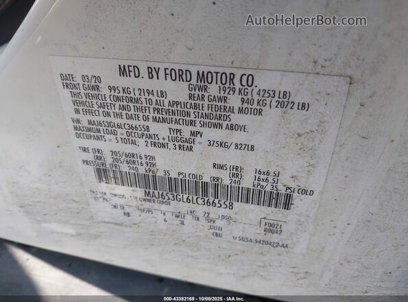 MAJ6S3GL6LC366558 2020 FORD ECOSPORT White Вид підкапотного простору