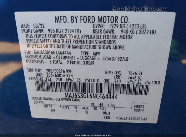 MAJ6S3GL6NC464444 2022 FORD ECOSPORT Синий Вид подкапотного пространства