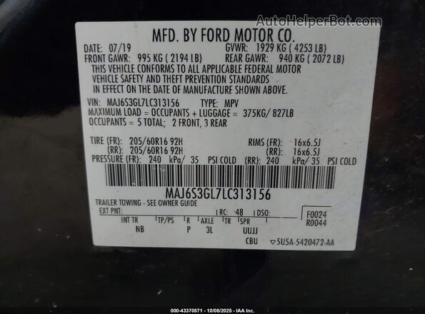 MAJ6S3GL7LC313156 2020 FORD ECOSPORT Black Вид підкапотного простору