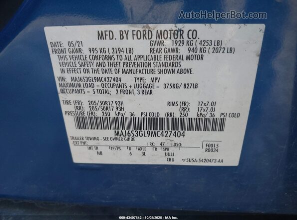 MAJ6S3GL9MC427404 2021 FORD ECOSPORT Blue Widok komory silnika