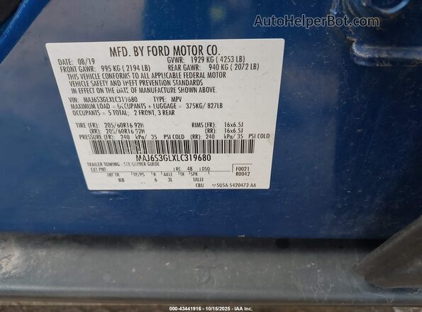 MAJ6S3GLXLC319680 2020 FORD ECOSPORT Blue Вид підкапотного простору