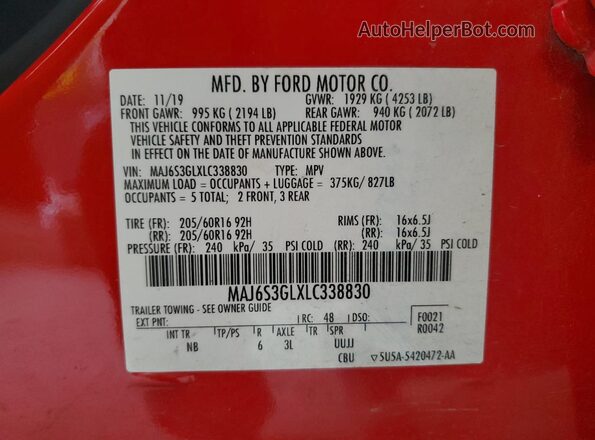 MAJ6S3GLXLC338830 2020 FORD ECOSPORT Red VIN sticker view