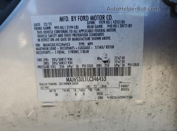 MAJ6S3JL1LC346453 2020 FORD ECOSPORT Silver Вид підкапотного простору
